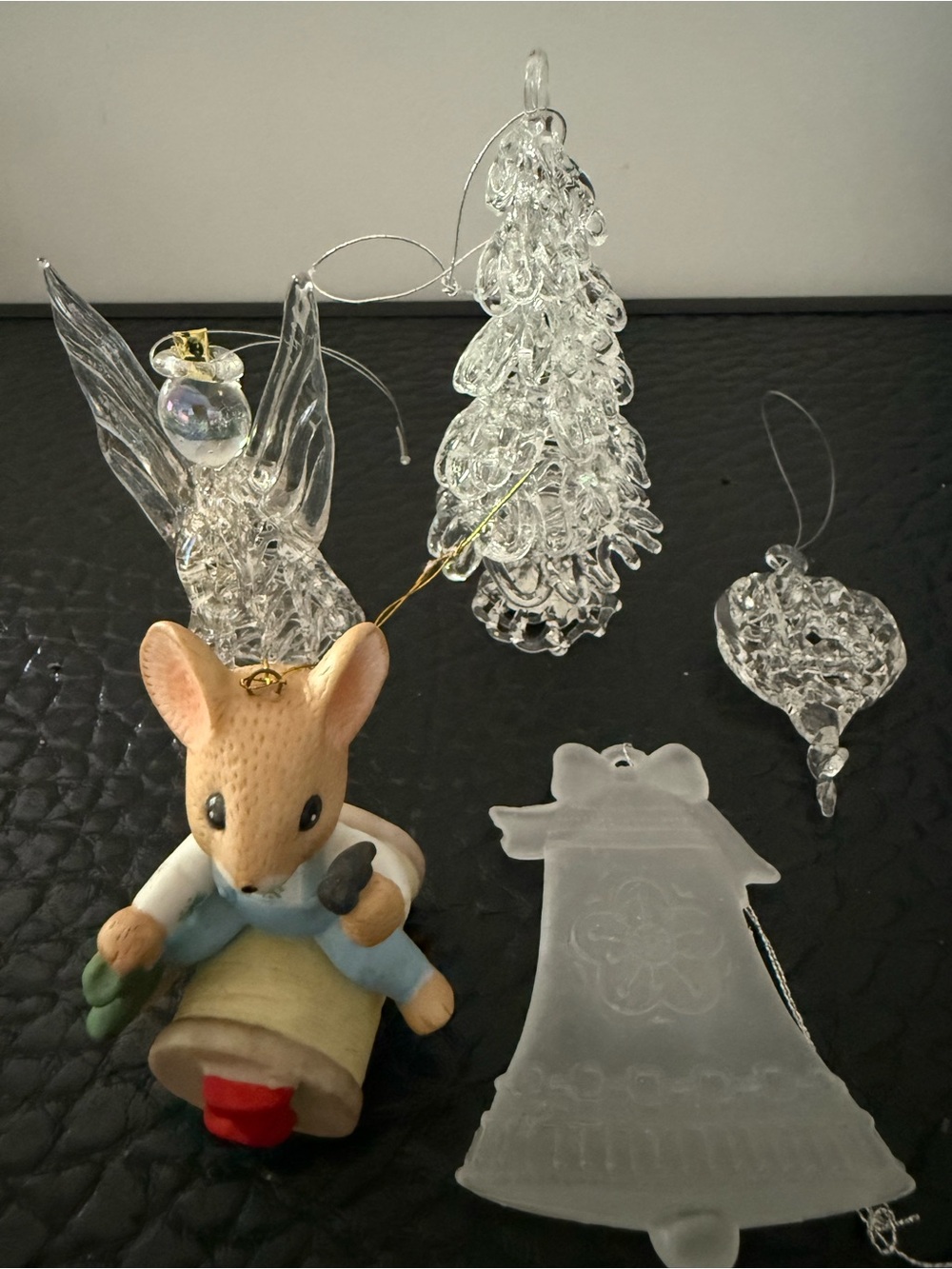 Set of 5 Glass Ornaments and Mouse Figurine Set - Clear and Beige